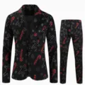 Eleganza uomo abito due pezzi con stampa digitale natalizia, giacca e pantaloni. - Top And Bottom - Stile Bastoncino di Zucchero al Pan di Zenzero Natalizio Nero (XFTZ-AL3-107)