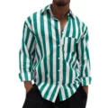 Men's stylish green and white vertical striped long sleeve button-up casual shirt. - S / Tops / Mint Green