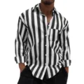 Men's black and white vertical striped long sleeve button up shirt with pocket casual top - S / Tops / Black