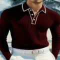 Men's long sleeve knit polo shirt, contrast trim collar, casual slim fit pullover top for autumn. - S / Tops / Burgundy