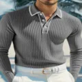 Men's long sleeve knitted polo shirt with contrast collar detail and ribbed texture for daily wear. - Gray