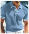 Men's short sleeve knitted polo shirt with contrast trim, casual slim fit summer top apparel. - Blue
