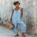 Women's blue white striped sleeveless casual loose jumpsuit summer fashion outfit daily wear - S / Top And Bottom / Blue