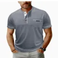 Maglietta Henley grigia a maniche corte da uomo con piping a contrasto e taschino. - Taglia S / Top / Grigio (3K-AL3-DXTX-51)