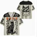 Men's casual V-neck short sleeve sports jersey featuring a stylish cat and floral print. - XXS / Tops / Beige Print (XT08-AL3-DXTX-13)