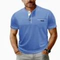 Vista dettagliata della maglietta Henley da uomo a maniche corte con elegante profilo bianco. - Taglia S / Top / Blu (3K-AL3-DXTX-52)