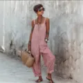 Women's sleeveless red white striped loose casual jumpsuit spring summer fashion outfit - S / Top And Bottom / Pink