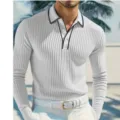 Men's long sleeve ribbed polo shirt in white with a stylish black contrast collar for men. - S / Tops / White