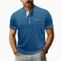 Maglietta Henley da uomo a maniche corte con profilo a contrasto, taschino e bottoni. - Taglia S / Top / Blu (3K-AL3-DXTX-57)