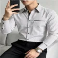 Men's long sleeve striped casual shirt with contrast trim detail, perfect for spring and autumn wear. - S / Tops / Black & White Stripes