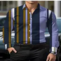 Men's slim fit long sleeve button down shirt featuring striking vertical stripes 3D print. - Vertical Stripe Print (XT02-AL3-CXCS-44)
