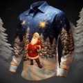 Camisa de manga larga de Navidad para hombre con estampado de Papá Noel 3D, fiesta festiva. - CXCS-LL17 (Cielo Navideño Azul Oscuro)