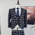 Men slim fit plaid 3-piece suit casual business wedding blazer vest trousers outfits - S / Top And Bottom (QXFWT-AL3-1) / Blue Checkered