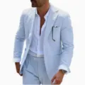 Herren Hellblau Gestreifter Seersucker Anzug Zweiteiliger Casual Business Blazer und Hose - S / Top And Bottom / Hellblau Weiß Gestreift