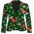 Close-up view of the Christmas print blazer showcasing vibrant snowflake and stocking patterns. - S / Tops / Green