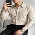 Detail shot of men's casual long sleeve striped shirt, classic lapel and front button design. - S / Tops / Gray White Stripe (XT02-AL3-CXCS-64)