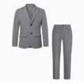 Detail view of men's grey plaid two-piece business suit jacket and trousers. - S / Top And Bottom / Gray Plaid (XFTZ-AL3-2)