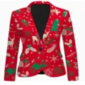 Close-up detail view of the red Christmas printed blazer showing reindeer and snowflake patterns. - S / Tops / Red
