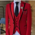 Detailed view of the red men three piece wedding suit featuring stylish black lapels. - S / Top And Bottom (QXFWT-AL3-4) / Red Contrast Lapel