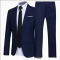 Men slim fit navy blue suit set with white shirt and black tie for business wear and formal events. - S / Top And Bottom / Dark Blue (XFTZ-AL3-5)