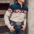 Men's western Aztec print long sleeve shirt detail, slim fit button down casual shirt. - S / Tops / Vintage Yellow (XT02-AL3-CXCS-40)