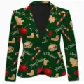 Detailed view of the green Christmas print blazer, featuring festive holiday fabric patterns. - S / Tops / Green
