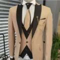 Men's slim fit wedding suit detail view, classic beige blazer with black lapel and vest set. - Khaki Contrast Lapel