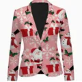 Christmas print blazer jacket for men and women, festive pink suit top for autumn and spring. - S / Tops / Pink