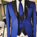Detail view of royal blue mens three piece suit with black lapel, elegant formal wear. - Royal Blue Contrast Lapel