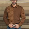 Men Vintage Long Sleeve Shirt Slim Fit Casual 3D Print Button Down Dress Shirt Top - Brown Print (XT02-AL3-CXCS-41)
