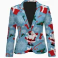 Christmas print blazer for men and women festive holiday suit jacket party outerwear - S / Tops / Light Blue