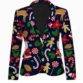 Christmas print blazer detail, festive unisex suit jacket with holiday elements for party. - S / Tops / Dark Blue
