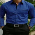 Men's blue striped long sleeve casual dress shirt with black collar detail, detail view. - S / Tops / Deep Blue Fine Stripe