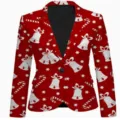 Christmas print detail showing red blazer fabric with white bells, candy canes and stars pattern. - Red Bell Candy Cane Style (XFWT-AL3-49)