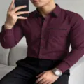 Men's long sleeve striped casual shirt with lapel collar and chest pocket for daily wear. - S / Tops / Wine Red Stripe