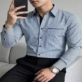 Men's long sleeve casual dress shirt, classic blue and white fit details. - S / Tops / Blue and White Stripes
