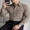 Men's long sleeve striped casual shirt with classic lapel collar and single chest pocket. - S / Tops / Brown Black Stripe