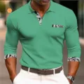 Detail view of mens long sleeve polo shirt, green top with printed contrast collar and cuffs. - S / Tops / Green Paisley Print