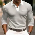 Men's long sleeve polo shirt detail, contrast white lapel collar and cuffs, casual slim fit top. - S / Tops / Blue Contrast (XT04-AL3-CXPOLO-56)
