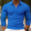Men's long sleeve polo shirt slim fit casual lapel button top solid color autumn winter apparel - Blue Contrast (XT04-AL3-CXPOLO-59)