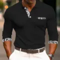 Long sleeve polo shirt detail featuring contrast paisley print cuffs and chest pocket design. - Black Paisley Print