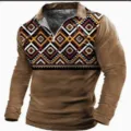 Mens long sleeve polo shirt with ethnic geometric print, zipper collar and stylish casual design. - Brown Geometric Print