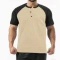 Men's stylish colorblock short sleeve henley shirt, casual athletic slim fit summer top. - S / Tops / Beige And Black