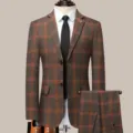 Men brown plaid suit set slim fit business casual blazer with matching trousers for daily wear. - S / Top And Bottom (Without Vest) / Brown