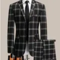 Men's black and white plaid slim fit suit set casual business two piece blazer and trousers - S / Top And Bottom (Without Vest) / Black