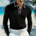 Mens Fashion Black Long Sleeve Knit Polo Shirt With Contrast White Trim Variant Sku - S / Tops / Black