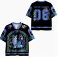 Detail view of men's black short-sleeve V-neck t-shirt with 3D cat and floral print. - XXS / Tops / Black