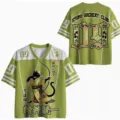 Detailed view of green 3D print t-shirt featuring Japanese cat archery graphic and numeric details. - XXS / Tops / Green