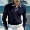 Men long sleeve knit polo shirt with contrast piping, stylish navy blue casual top for men. - S / Tops / Navy Blue