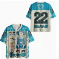 Men's casual colorblock graphic t-shirt with Japanese cat print and number 22 streetwear. - XXS / Tops / Blue and White